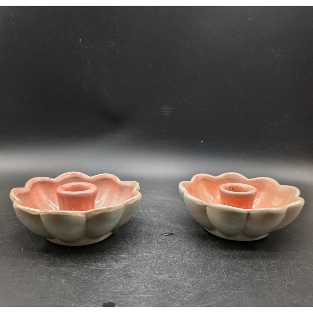Vintage Gonder Pottery Pink Lotus Flower Candle Holders Set of 2 USA MCM 4.5"